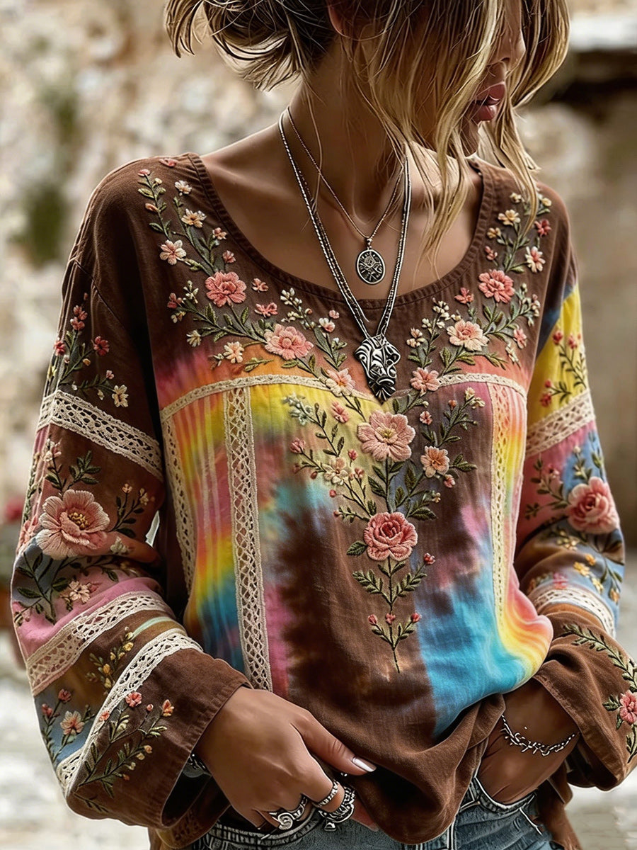 Rainbow Floral Art Printed Vintage Round-Neck Casual Long Sleeve Shirt